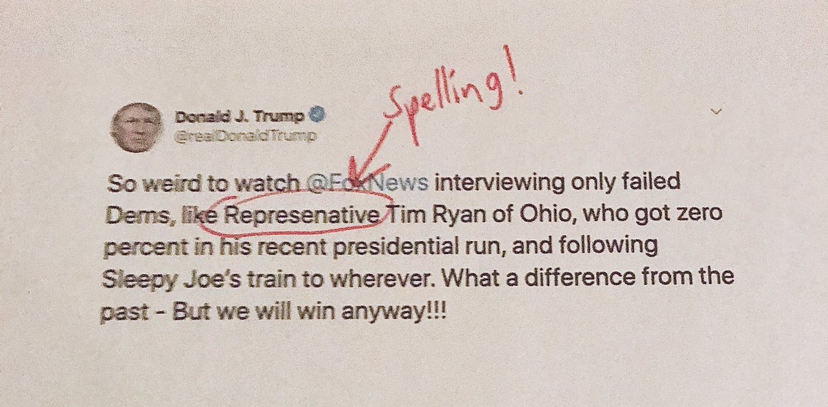 TrumpNeedsTutor's tweet photo. It’s doesn’t appear that you have this spelling thing down to a T, @realDonaldTrump. #FoxNews #Ohio #SleepyJoe https://t.co/xkh88Wclxo