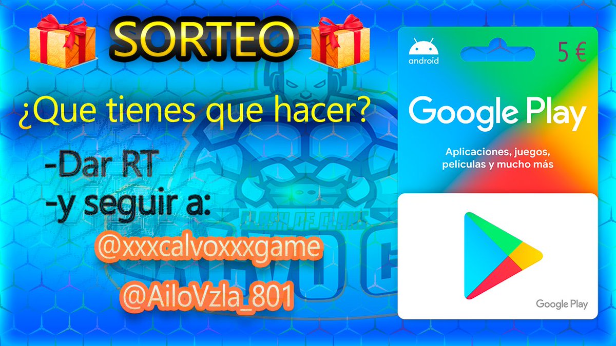 🎁 1er   Sorteo por twitter  🎁

💵 Tarjeta de 5 € para lo que gustéis.

👀  ¿Que tienes que hacer?...

1º- Dar  RT ☑️

2º- Seguirme a mi  - <a href="/xxxcalvoxxxgame/">CalvoCoc</a> 

3º- Seguir a - @AiloVzla_801 

👉 El ganador de anunciará el Miércoles 4 de noviembre

        🍀 Suerte 🍀