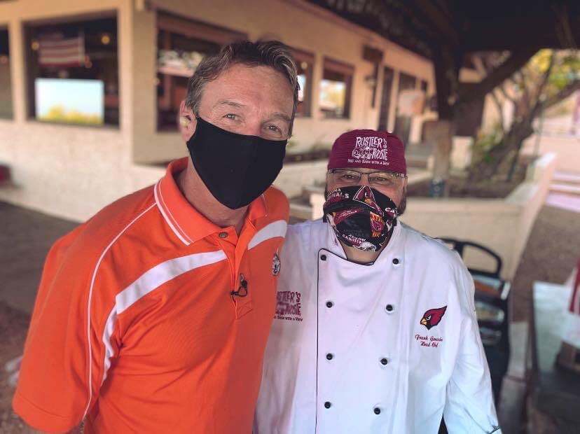 TomFergusFox10's tweet photo. Great way to start my Friday, making tailgate recipes with Chef Frank at Rustler’s Rooste! From smoked brisket sliders to Buffalo chicken dip, he’s always making the crowd happy! Love him like a brother! 🏈https://t.co/P7YsDUAQYY @RustlersRooste @AZCardinals (Photo: @Dizzandash) https://t.co/xJe3fViuWa