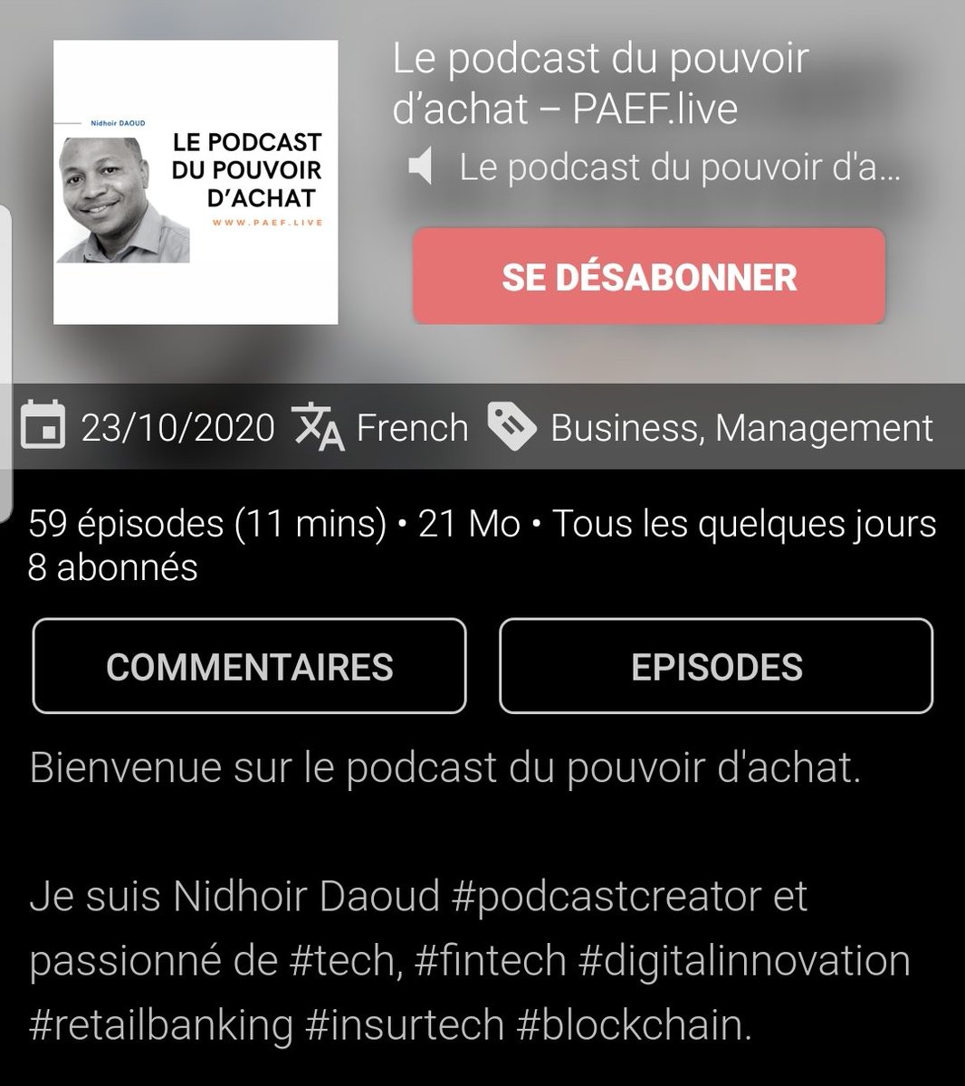 On va commencer par le "podcast du pouvoir d'achat" ou comme je l'ai connu "parlons argent entre fauchés"  @PaefPodcast on y parle finance MAIS appliquée à notre vie quotidienne, sur comment payer moins cher son abonnement internet jusqu'aux impôts et c'est par un compatriote