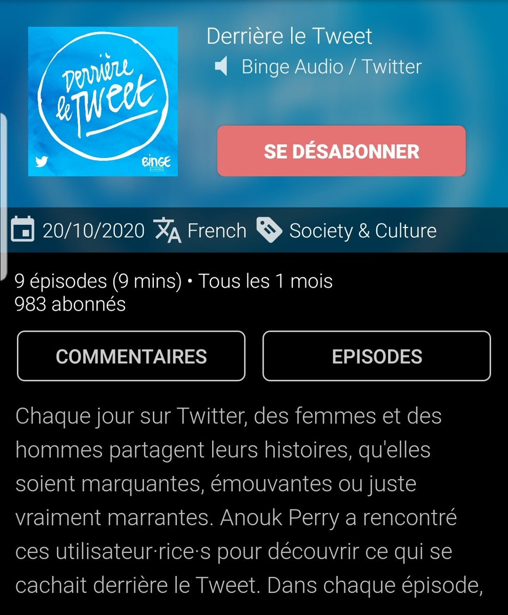 Ce podcast "derrière le tweet" revient sur un tweet qui est devenu viral pr une raison ou pr une autre et ils invitent le ou la twittos derrière ce tweet et c'est vachement cool. Y a des sauces que j'ai suivi en direct,d'autres non mais du coup je rattrape bien