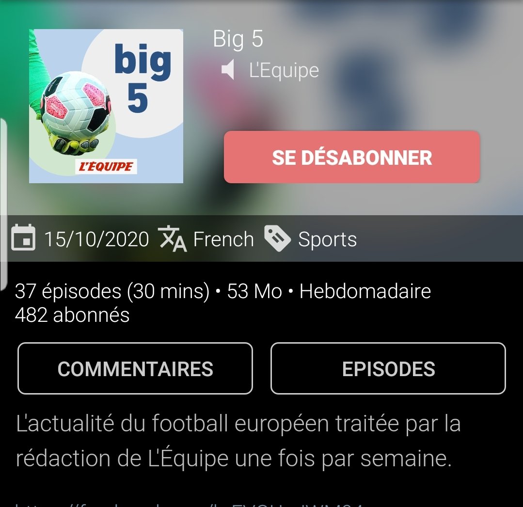 "Big 5" est un podcast sur le foot européen en général mais bon on reste dans les 5 grands championnats quand même comme l'indique le titre,C réalisé par l'Equipe et je suis pas tt le temps d'accord avec leurs analyses bien sûr mais c'est sympa