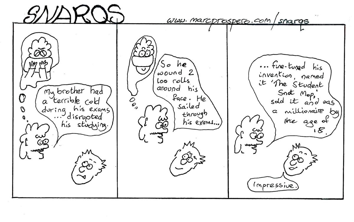 KomedySkool's tweet photo. A SNARQ Cartoon here folks! 
NB: SNARQS = SNAppy, Quirky Snippets. 
This one comes from how my brother tackled a cold so bad it was getting in the way of his revision. If you get any good vibes from this one, please like / retweet. Ta!

#laughter #cartoonist #comedy #jokes https://t.co/4QpHiK0Auo