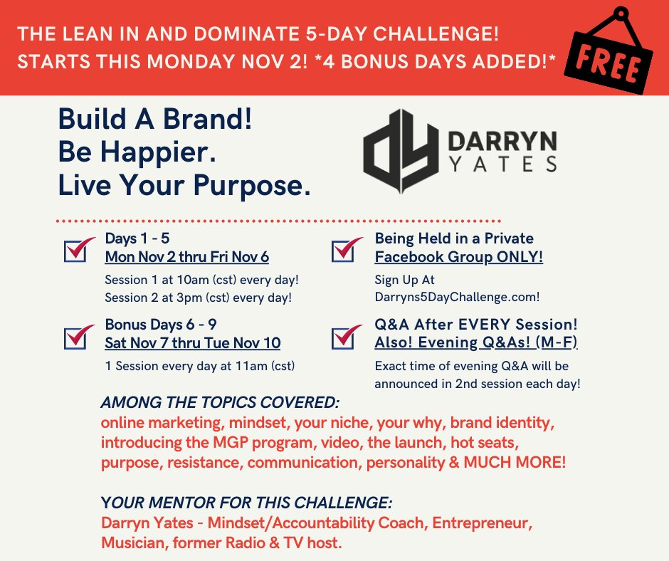 ANYONE WHO HAS NEGLECTED A DREAM, PASSION OR TALENT! My FREE 5-DAY CHALLENGE starts Mon Nov. 2 at 10AM cst! JOIN my private Fb Group! Sign up: https://t.co/Ebra7u1I7R
#mindsetmatters #Grind #pursuit #inspirational #Happiness #purpose #Legacy #Passion #liveyourbestlife #hustle https://t.co/YLsgiaSjZd