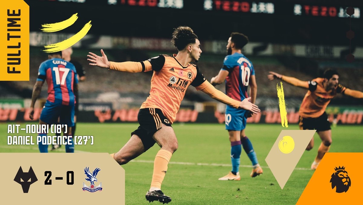 FT | #WOL 2-0 #CRY
A debut goal from Rayan Aït-Nouri and a strike from Daniel Podence earn Wolves all three points! #WOLCRY
⏱🐺 https://t.co/t53VJunOLE