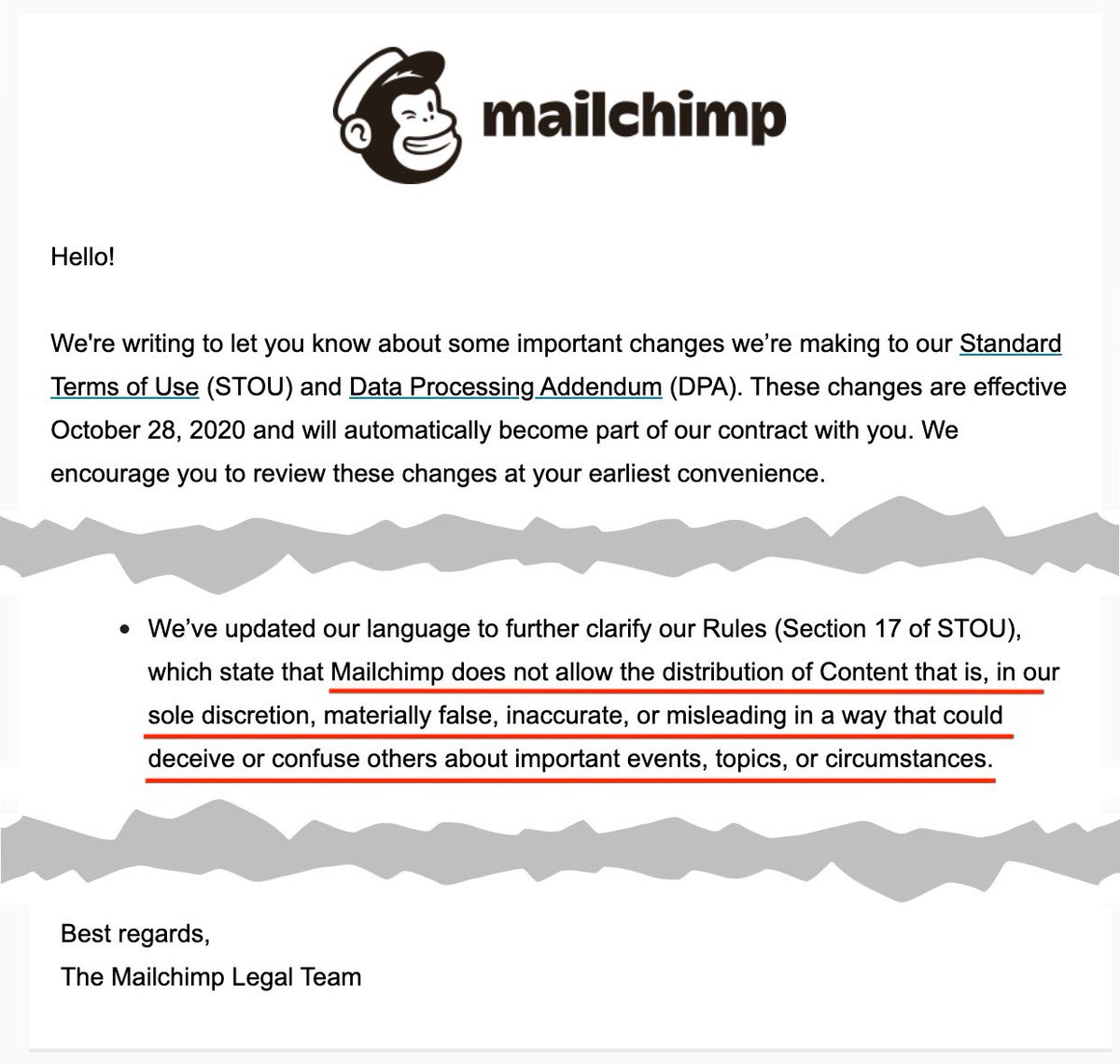MsMelChen's tweet photo. So @Mailchimp is now going to fact-check our emails?

What criteria will they base their decisions to dismiss content as misleading or false on?

Builders - we need new tech companies committed to a base level of neutrality, openness and with limited purpose. https://t.co/2L6tzRAASZ