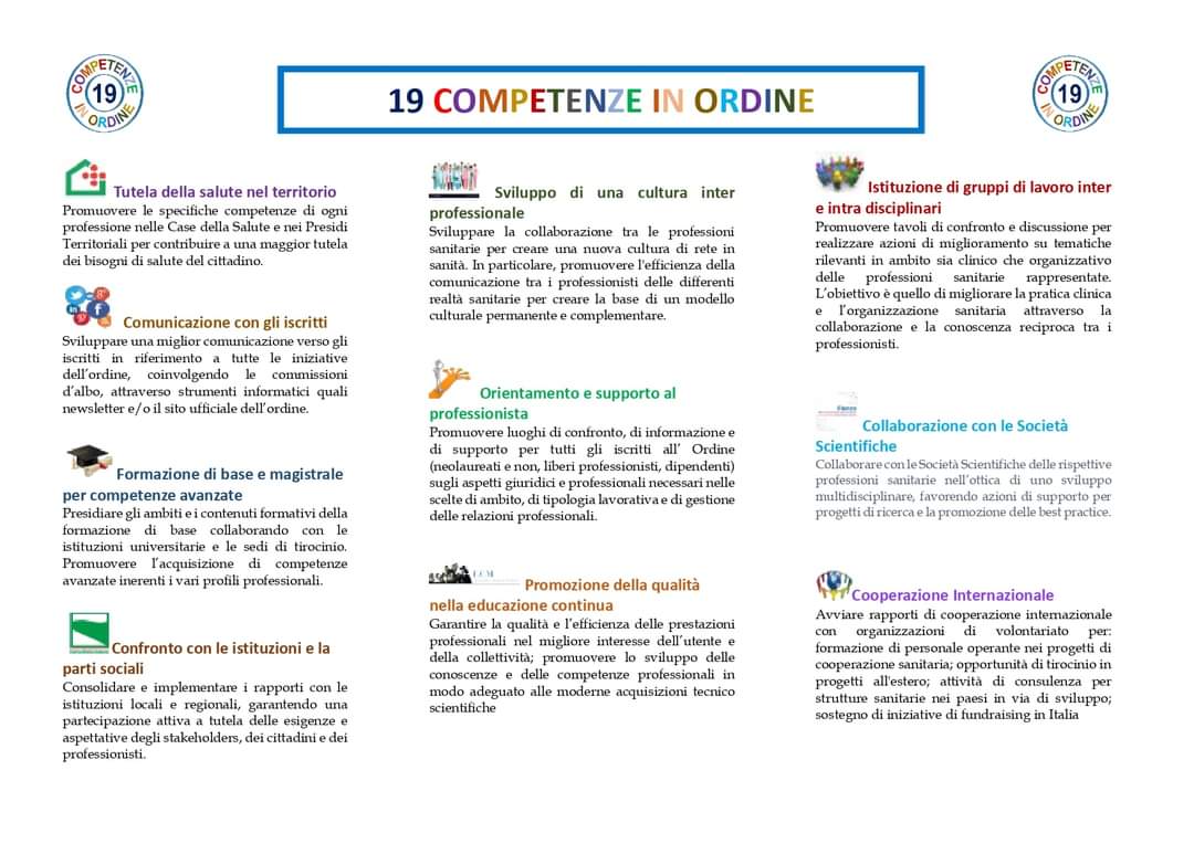 19competenze's tweet photo. In occasione delle prossime elezioni del Consiglio Direttivo dell’#ordineTSRMPSTRP, la lista “#19COMPETENZEINORDINE” presenta  di seguito i punti del programma che si impegnerà a perseguire nel prossimo mandato. https://t.co/98KbT79nDc