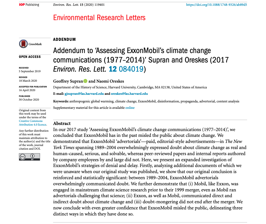 TODAY, in our peer-reviewed follow-up analysis putting to bed ExxonMobil's attacks on our work, I &  @NaomiOreskes delineate "three distinct ways in which the data demonstrate [they] misled the public" about climate change:  http://bit.ly/ExxonAddendum Let me count the ways...THREAD