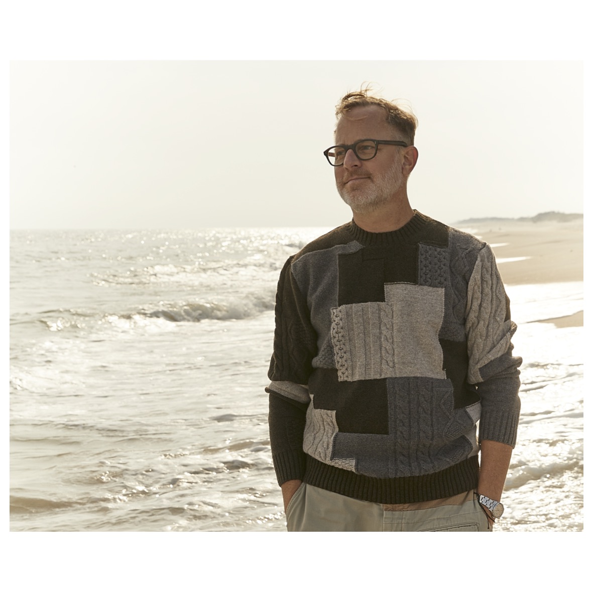 B. Shop X Country of Origin now online and in store at Bergdorf Goodman!

This season we have developed four more patchwork cable sweaters with Bruce. Here he is in the Birch on his local beach in Bellport, NY.