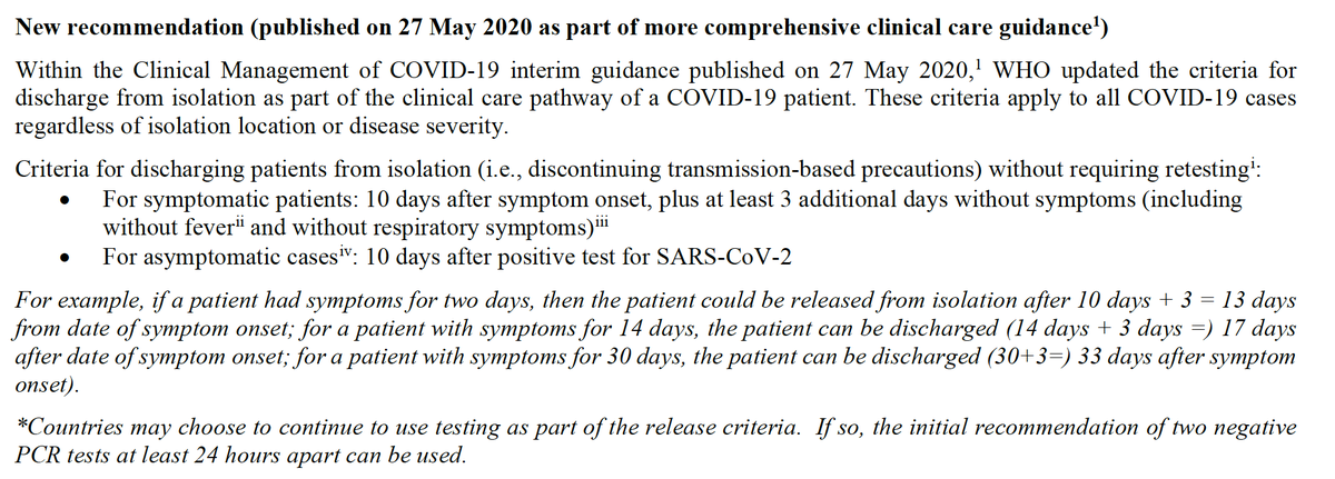 WHO:  https://www.who.int/publications/i/item/criteria-for-releasing-covid-19-patients-from-isolationCDC:  https://www.cdc.gov/coronavirus/2019-ncov/hcp/duration-isolation.html