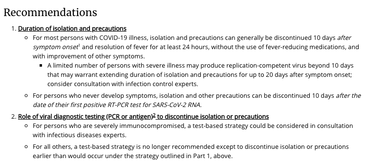 WHO:  https://www.who.int/publications/i/item/criteria-for-releasing-covid-19-patients-from-isolationCDC:  https://www.cdc.gov/coronavirus/2019-ncov/hcp/duration-isolation.html