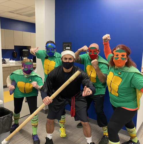 sciteacherman's tweet photo. Splinter and the Teenage Mutant Ninja Admin Team are ready to take to the halls of @harrowgate_es. Cowabunga! https://t.co/oMteXVraAe