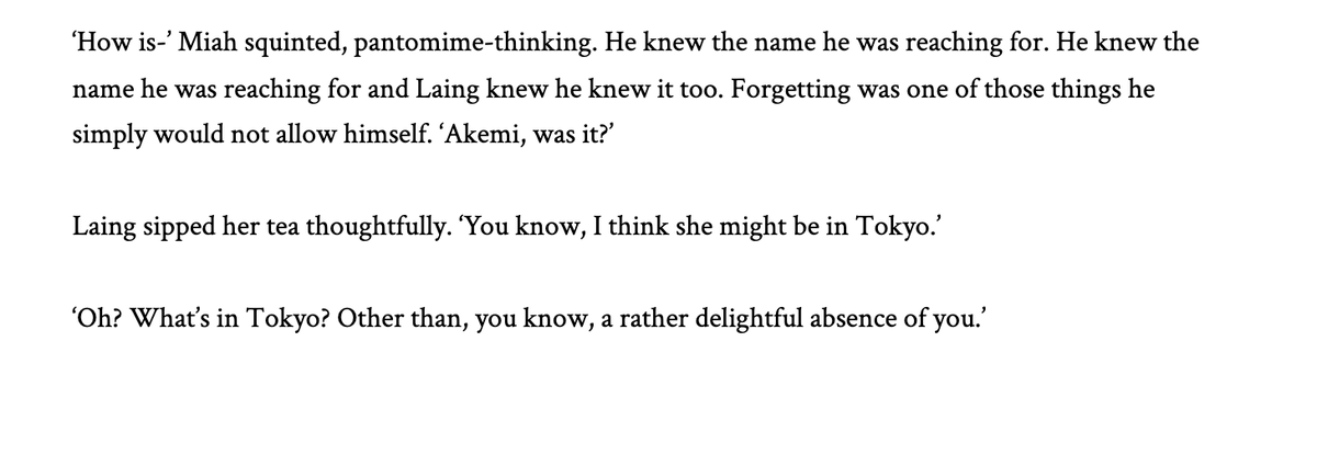 And to celebrate me actually, FINALLY, getting around to starting this thread please enjoy the only snippet of this i have even begun to write, the first of many delightful exchange between Laing and Miah (8/?)