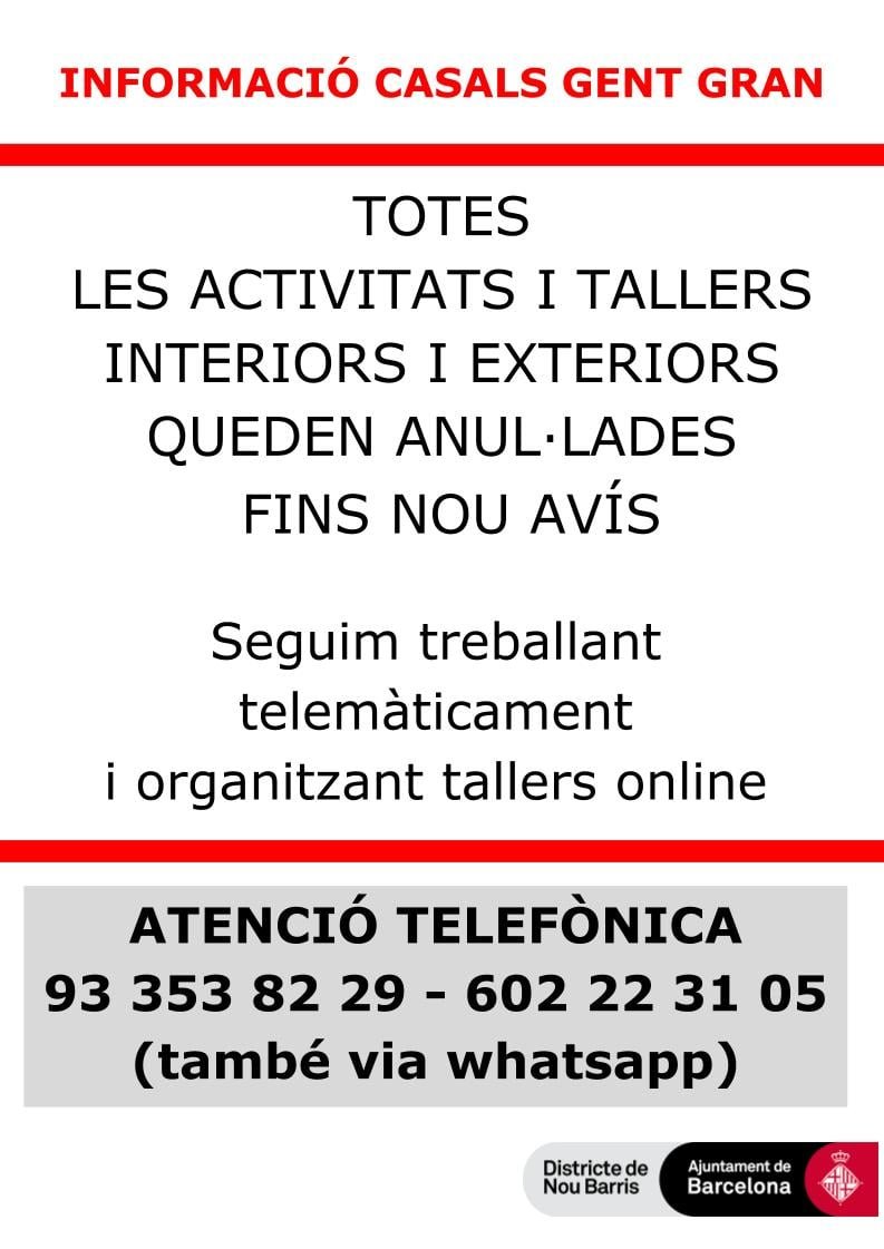 Ens ha tocat..😔Més de 7 mesos tancats i només 1 mes amb activitats exclusivament a l'exterior.
Tanquem portes internes i externes... però mantenim les "finestres" online! Seguim treballant per tots/es vosaltres!💪
#Tanquemportesobrimfinestres #GentGran #Mayores #ActivitatsOnline