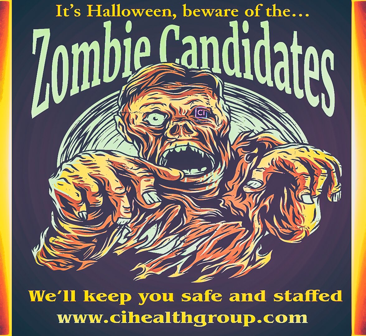Ci_Health_Group's tweet photo. Beware!  The Zombie Candidates are back!  
We help our clients stay alive by hiring the best LIVING candidates all year long, especially during Halloween…Visit https://t.co/cKRJTsxgml #Halloween #zombie #candidates #hospital #medicalstaffing #physicianrecruitment #primarycare https://t.co/eEramIVTEI