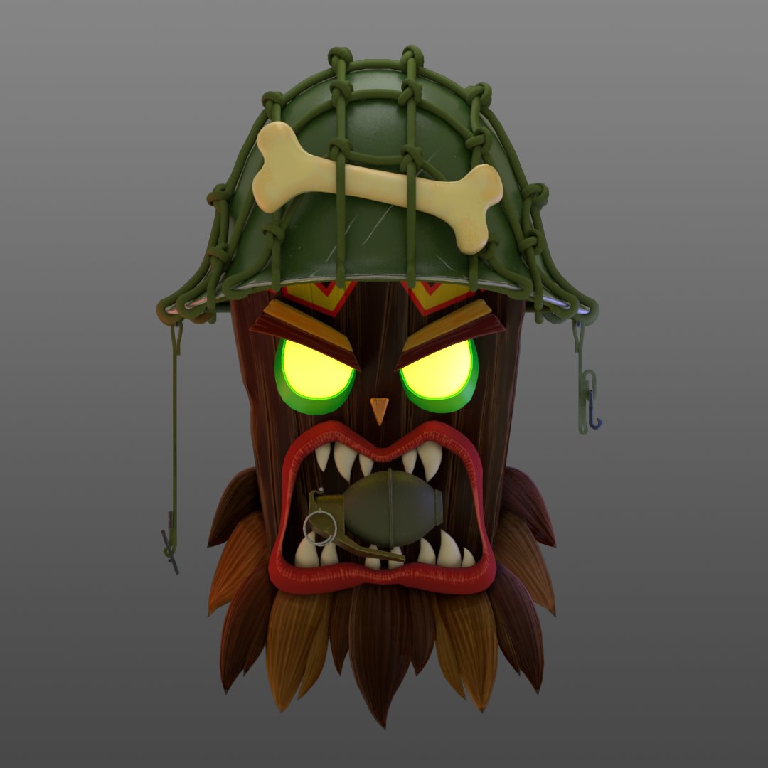 ReneKovacArt's tweet photo. Commando Uka Uka is finished and he is more furious than ever! 🍎🪖 

#crashbandicootfanart #CrashBandicoot  #3Dcharacter #SubstancePainter #zbrush #fanart #charactermodelling #gamecharacter #ukauka https://t.co/fGye1HvPXc