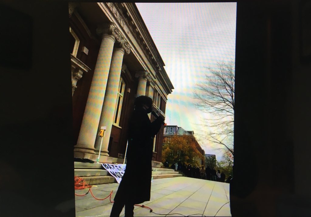 mathyadriana's tweet photo. @mathprofcarrie being awesome at the @BatesCollege protest. Very proud of our students. Anti-racism is not a hat you put on and take off. It’s ongoing, constant, uncomfortable work. #wecannotcoexist with white supremacist patriarchy and bigotry. https://t.co/FbDYRI8Kl5