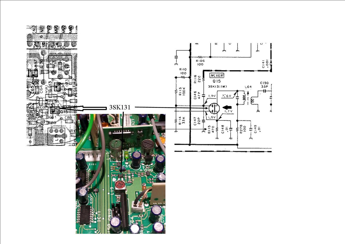 Dépannage !! je cherche un coup d'épaule 
qui peut me donner le sens de polarité du 3sk131 voici la bête dans le schéma ,implantation description de X48-3080-00 (A/5) mais sur la photo plus de repaire.Rappel de la panne plus d’émission ssb/blu/AM mais fonctionne en FM .