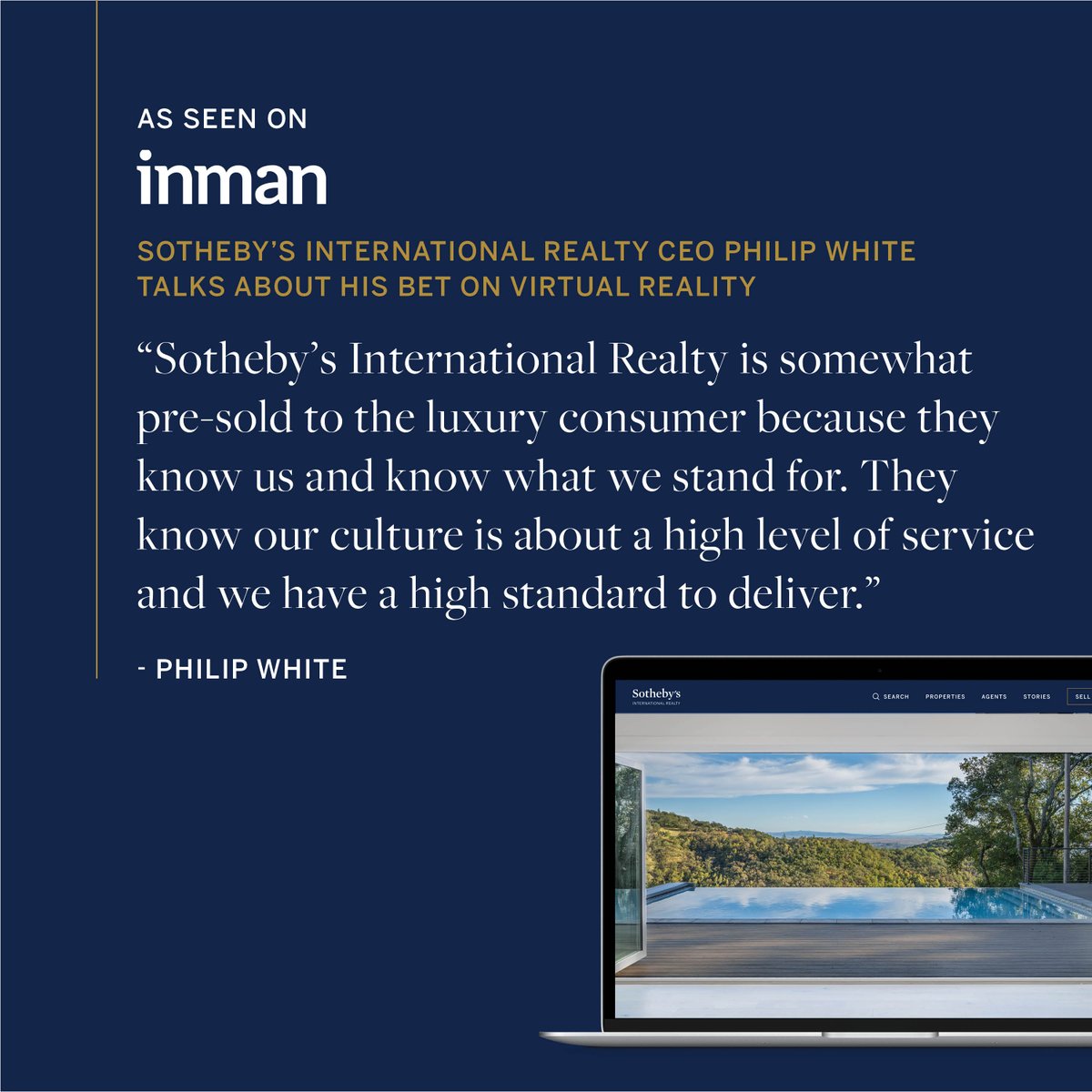 sothebysrealty's tweet photo. Sotheby's International Realty CEO Philip White talks about his bet on virtual reality. #sothebysrealty #ceo #technology #luxury #realestate #vr #virtualreality #luxuryhomes #onlysothebysrealty #inman https://t.co/NdZ0JaAOuW https://t.co/P5yJndkV3T