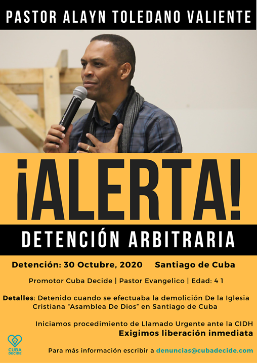 CUBADECIDE's tweet photo. #URGENTE🚫⚠️ El Centro de Denuncias de la Fundación para la Democracia Latinoamericana (FDP), denuncia la detención del pastor ✝️ Alayn Toledano. https://t.co/TFubiDP5VN