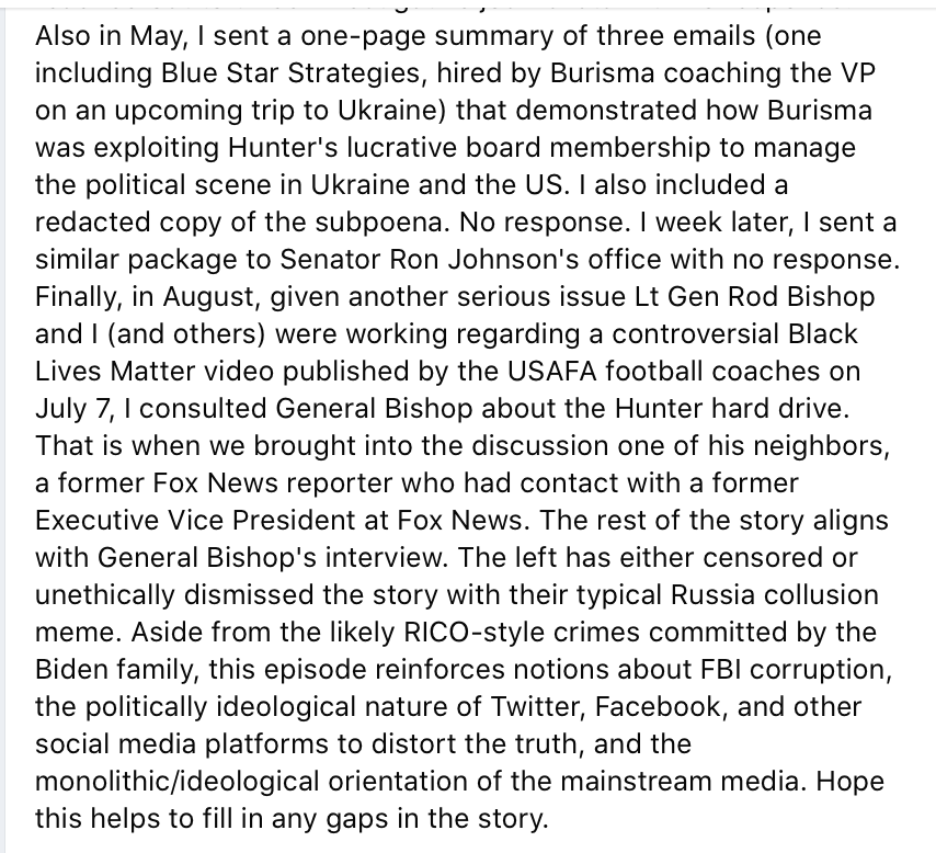 "I sent a one-page summary of three emails (one including Blue Star Strategies, hired by Burisma coaching the VP on an upcoming trip to Ukraine) that demonstrated how Burisma was exploiting Hunter's lucrative board membership to manage the political scene in Ukraine and the US"