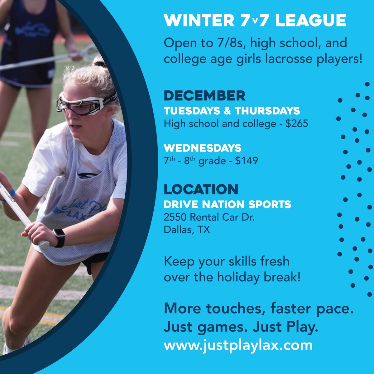 We’ve got an update! 🤩 

December winter league is now open to 7/8s 💪🏽 

Join us at Drive Nation Sports! Registration coming soon... #staytuned #nextweek #7v7 #girlslacrosse #girlslax #justplay #justplaylax