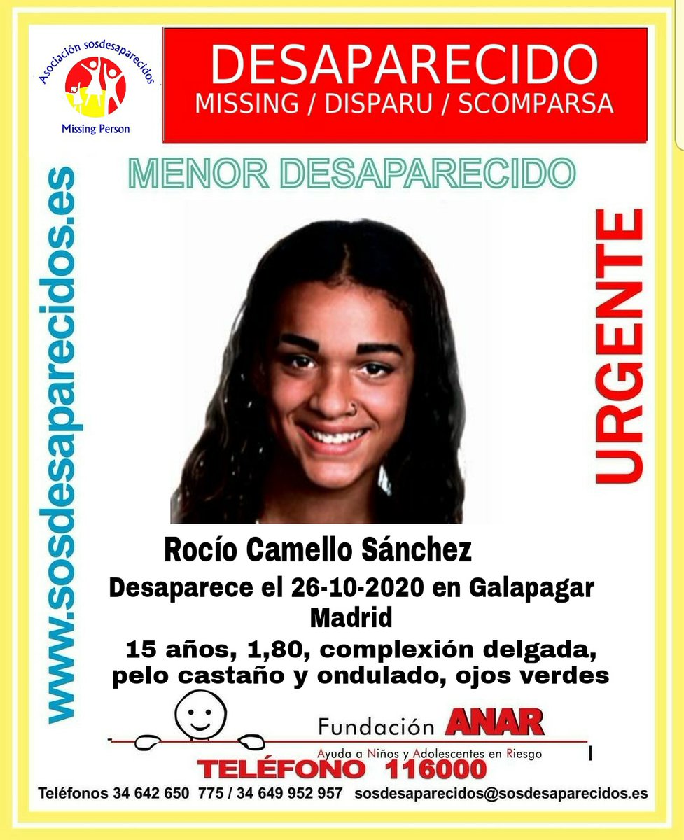 🚩IMPORTANTE⚠️

Rocío tiene 15 años y desapareció en #Galapagar #Madrid hace 96 horas.

Si la has visto, por favor, llámanos📞: 091, 062, 112.

Tu RT🔃 no cuesta nada y puede ayudar a encontrarla🙏