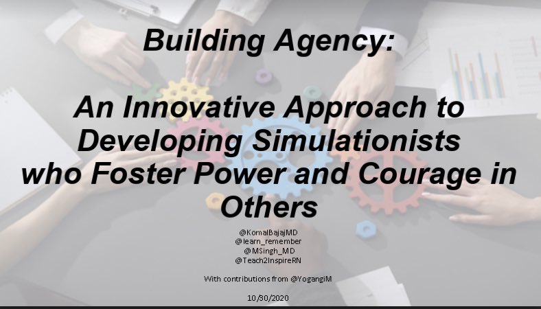 Komal Bajaj MD, MS-HPEd (@komalbajajmd) on Twitter photo What is the role that simulationists play in building agency amongst sim participants?
Will be discussing practical strategies to build agency w <a href="/learn_remember/">Michael Meguerdichian</a>, <a href="/MSingh_MD/">Maninder Singh</a> & @Teach2InspireRN at <a href="/NYSIMCenter/">New York Simulation Center for the Health Sciences</a> #NYSIM What is the role that simulationists play in building agency amongst sim participants?
Will be discussing practical strategies to build agency w <a href="/learn_remember/">Michael Meguerdichian</a>, <a href="/MSingh_MD/">Maninder Singh</a> & @Teach2InspireRN at <a href="/NYSIMCenter/">New York Simulation Center for the Health Sciences</a> #NYSIM