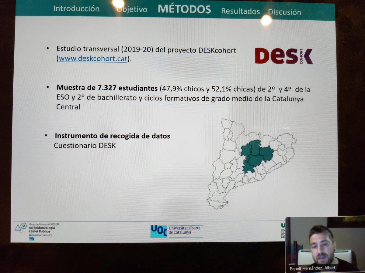 Més evidència dels primers transversals de la <a href="/deskcohort/">DESKcohort</a> a la #SEEVirtual20. L'<a href="/albert_espelt/">Albert Espelt</a> presentant els factors associats a la mala salut dels adolescents de la Catalunya Central. <a href="/UManresa/">UManresa</a> @CIBER_ESP
