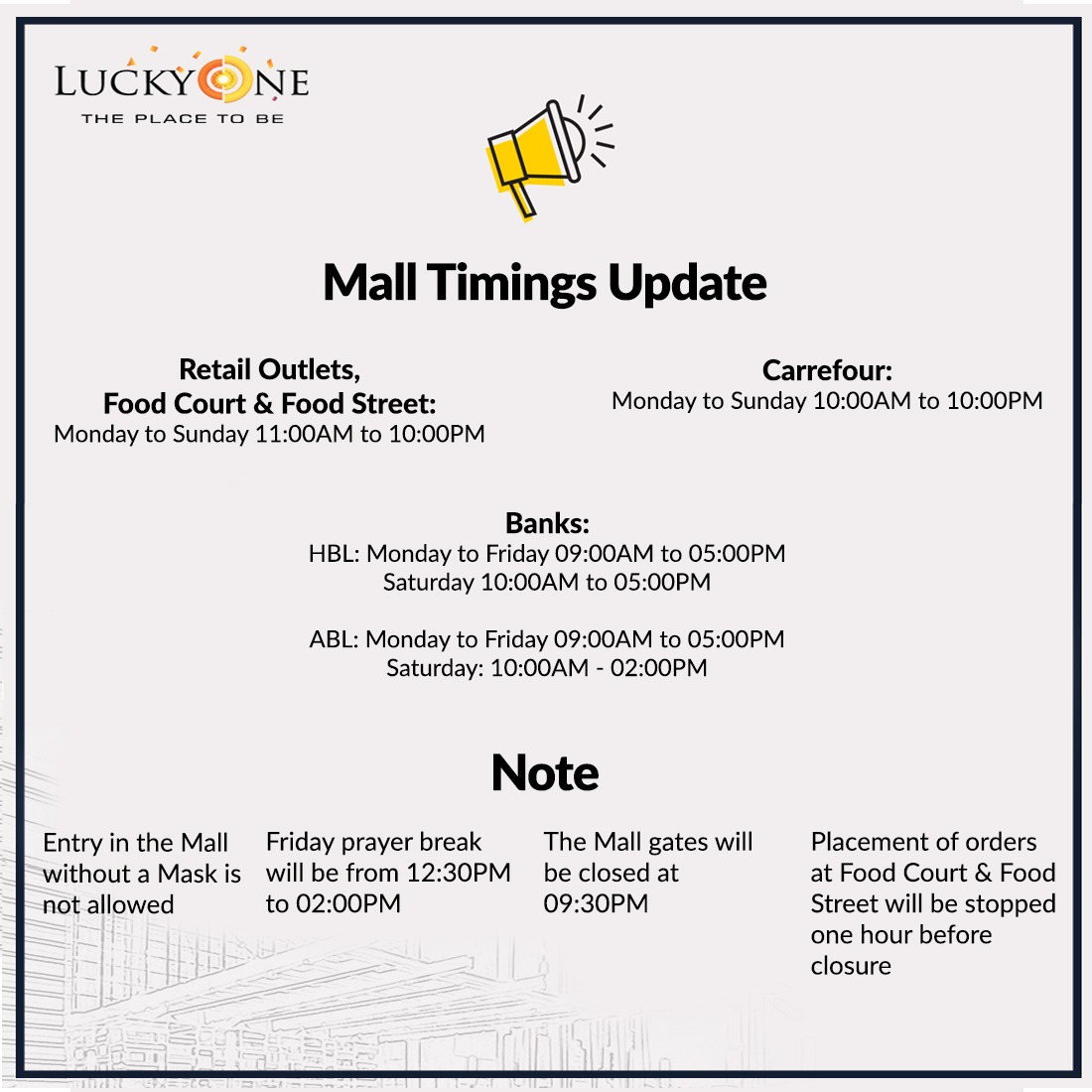 Luckyonepk's tweet photo. Updated Mall Timings!
#LuckyOneMall #ThePlaceToBe #MallTimings #UpdatedTimings https://t.co/0DFojlZgn7