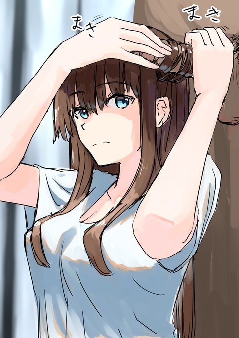 お題のヘアアイロンの代わりにチンポに髪を巻きつけて巻き髪にする絵 