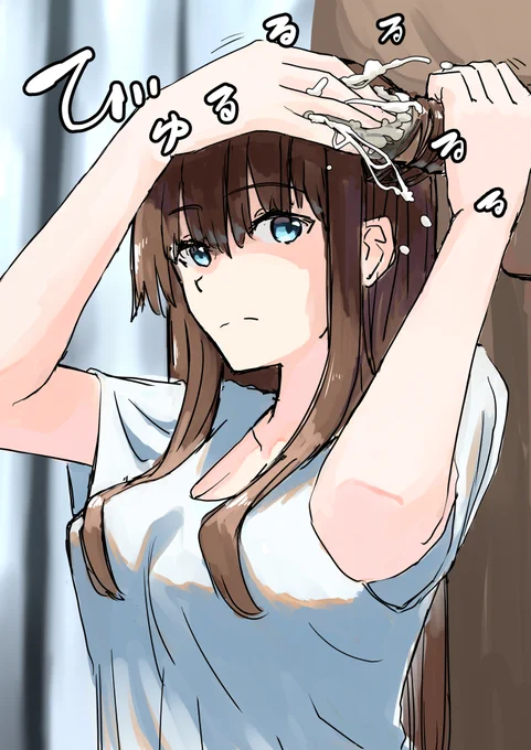 お題のヘアアイロンの代わりにチンポに髪を巻きつけて巻き髪にする絵 