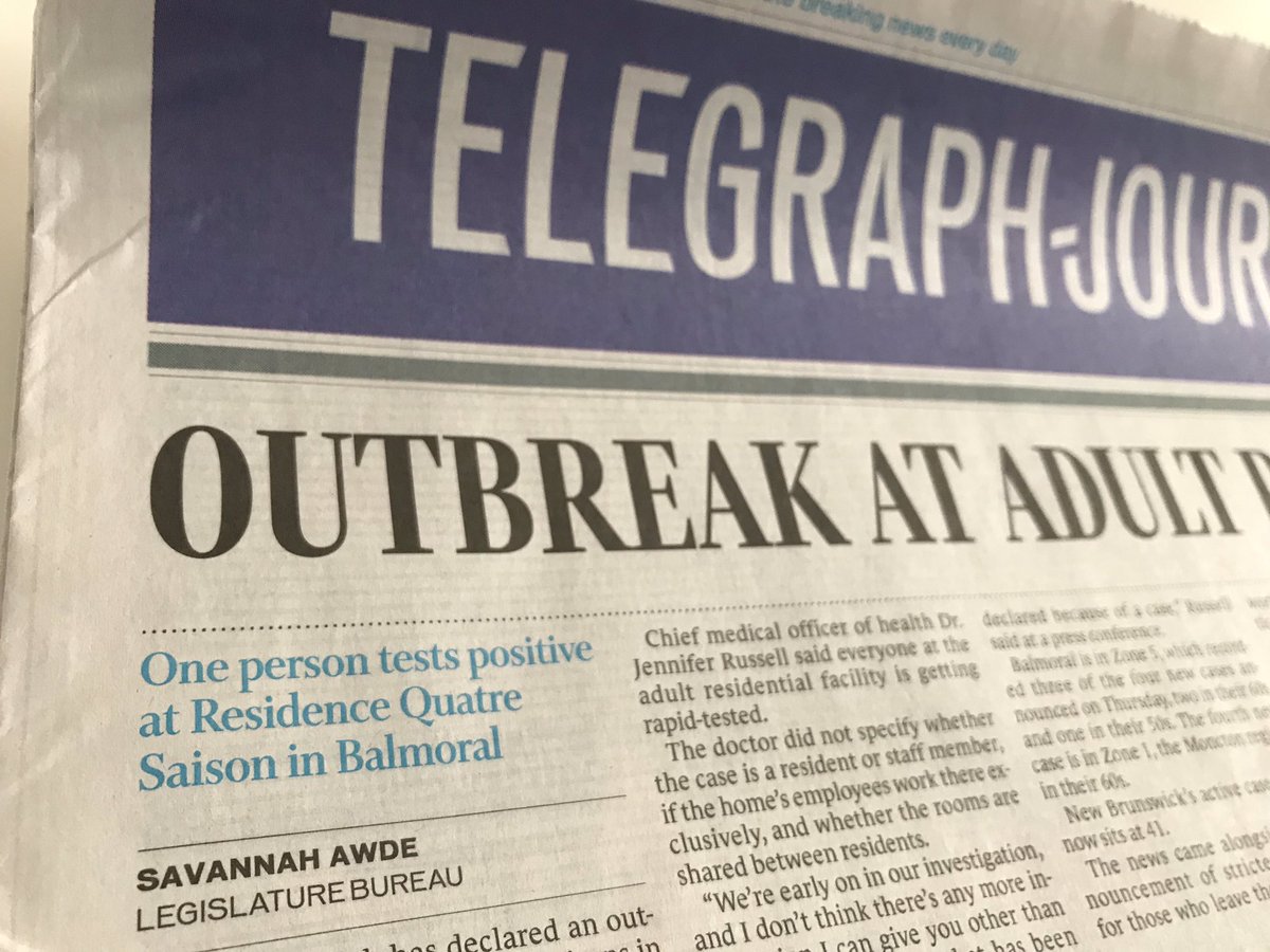jamesmullinger's tweet photo. Anyone looking for a change in life or a move to a safer place? Front page headline news in New Brunswick eight months into a global pandemic... one person tests positive for COVID. https://t.co/QsIahEeHMt