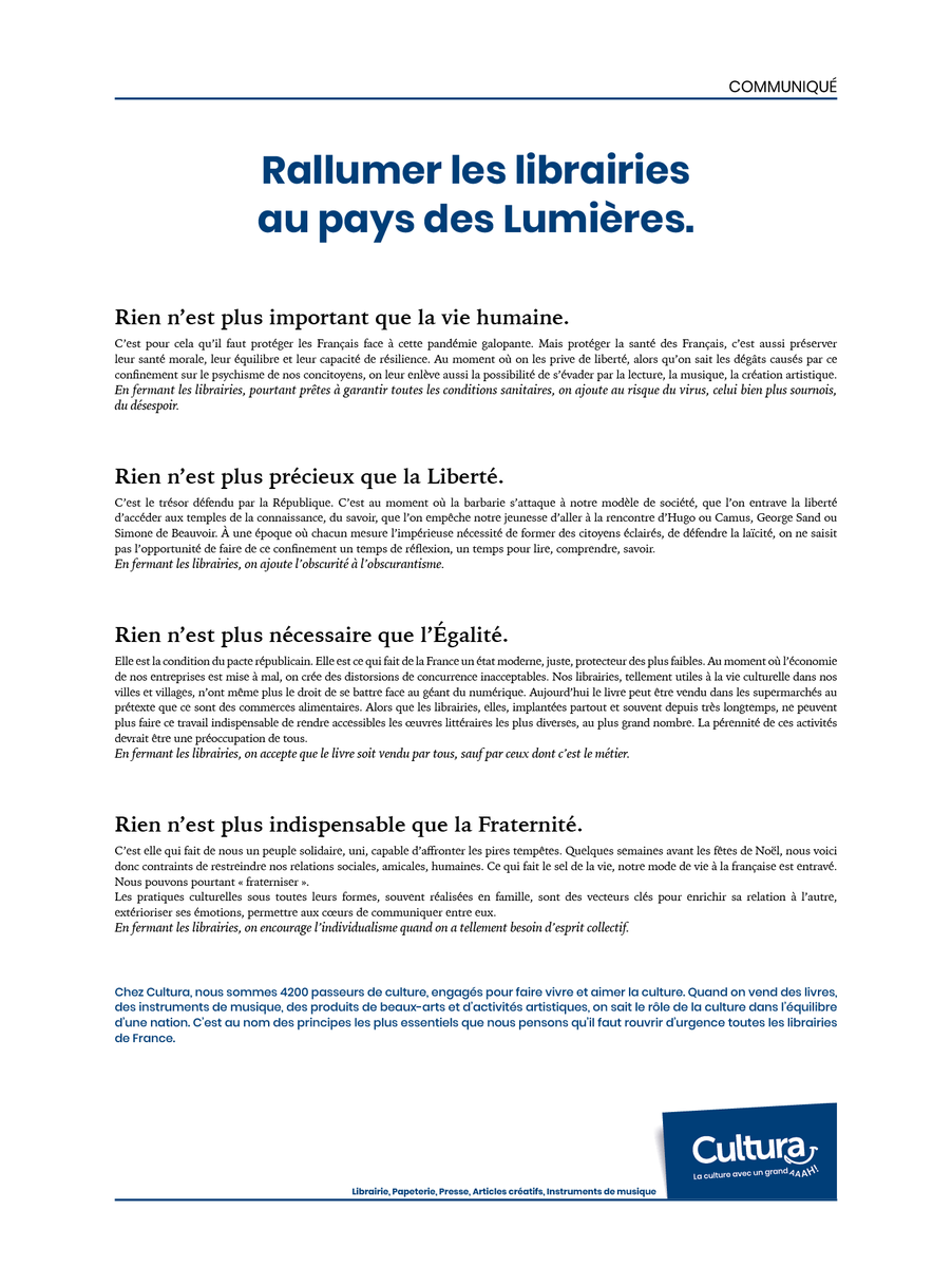 Manifeste de Cultura, vendredi 30 octobre 2020 :
Rallumer les librairies au pays des Lumières.
