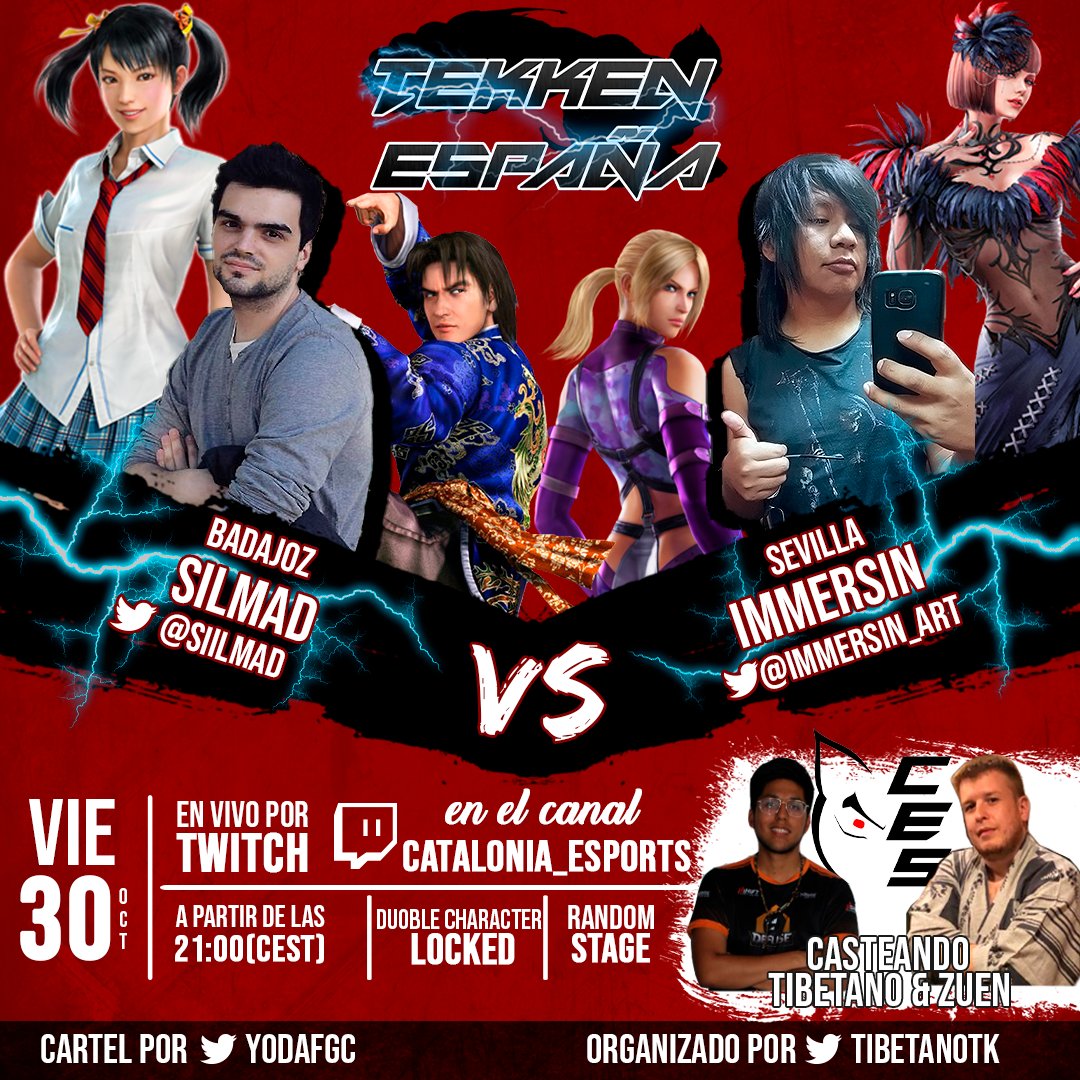 💪Buenas tardes tekkeneros, hoy tenéis cita a las 21:00 con un duelo generacional. Nada más y nada menos que con @immersin_art VS <a href="/siilmad/">Slmd</a>.

Lei/Xiaoyu VS Nina/Anna, ¿Quién ganará? Lo veremos en 
twitch.tv/catalonia_espo…

!Créditos a @yodafgc por el cartelazo!