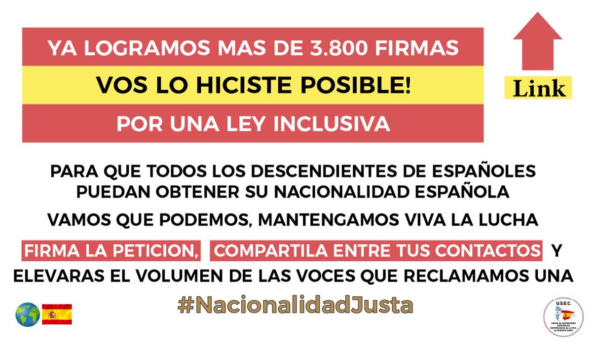 MCDolhagaray's tweet photo. POR UNA LEY DE NACIONALIDAD INCLUSIVA, para todos los descendientes de Españoles 🇪🇸 @SaraVilaG @carmencalvo_ @pilar_llop @pilytash @CeDEU2 @EspanolesEn @espaexterior @gilkevin14 @solangelchirin1            SUMATE 📝👉 https://t.co/xZo4AbDgnW https://t.co/UTJmS2YMe6