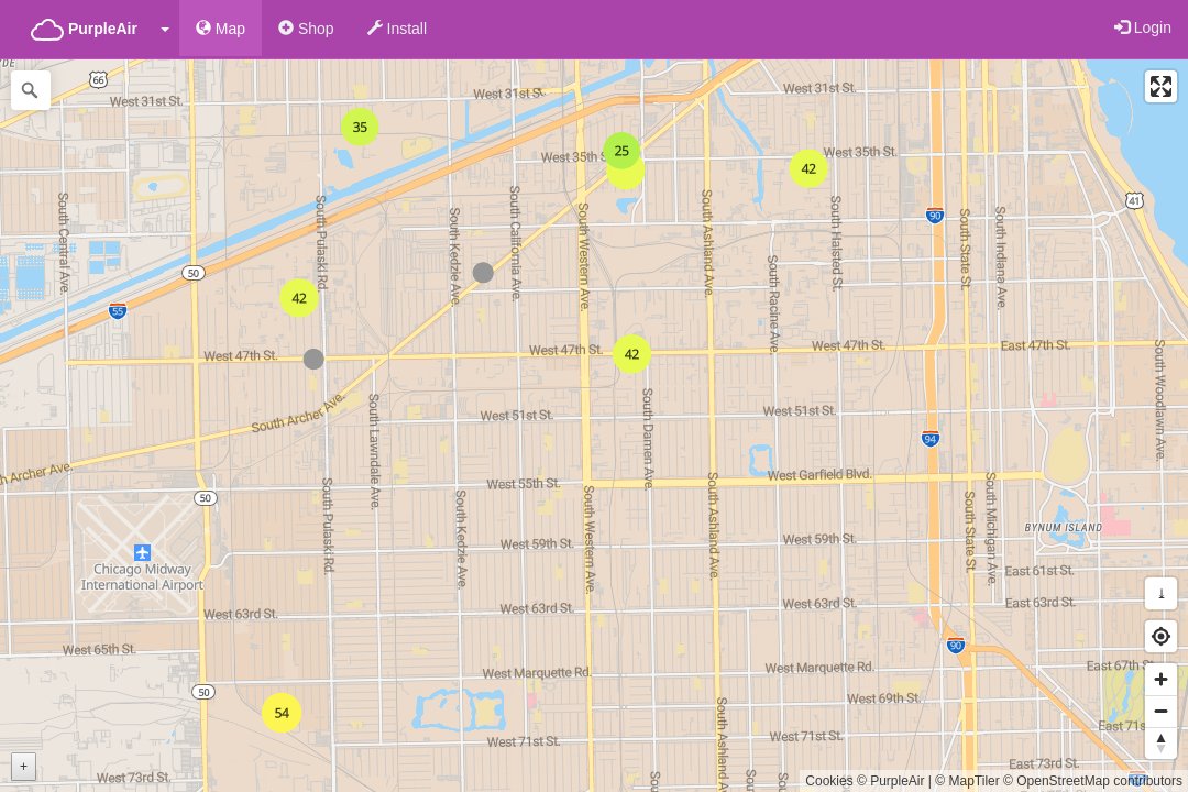 ChicagoAQI's tweet photo. CURRENT PM2.5 AQI (10_min_avg):  
McKinley Park Central: 25 (Green)
BOTY Coffee Shop: 41 (Green)
Bridgeport SW: 42 (Green)
West Lawn: 54 (Yellow)
Ducktown: 42 (Green) https://t.co/oSMz1ahmY9