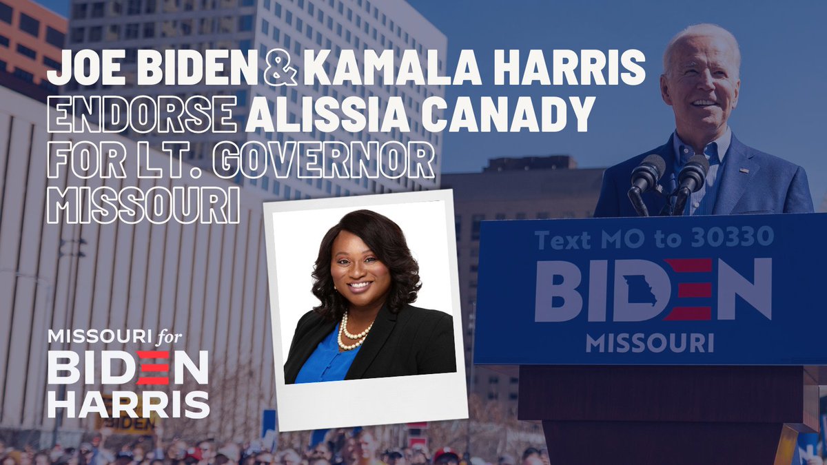 JoeForMissouri's tweet photo. Awesome news! It's official @JoeBiden & @KamalaHarris endorsed @alissiacanady for Lt. Governor. Great things are going to happen in Missouri & across the nation on 11/3.
#BidenCoalition #FlipMoBlue #JoeforMoe #ShowMeChange https://t.co/fAsctJ88Dq
