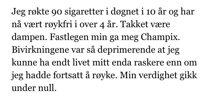 NorskDamp's tweet photo. Bivirkningene av legemidler til røykeslutt er mange og alvorlige. Klarer du ikke å slutte men ønsker å unngå disse bivirkningene?
Da kan du prøve e-sigaretter/damping https://t.co/ZF13TIc8Cw #ettryggerealternativ til tobakksrøyking #baredu https://t.co/L80Iizb3a4