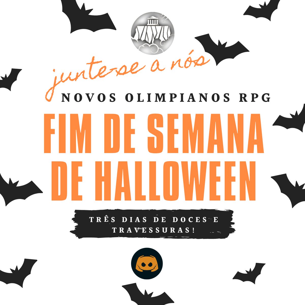 NovosRPG's tweet photo. Boo! Assustei você? 
Se liga que temos um fim de semana inteiro cheio de docinhos e travessuras esperando por você campista. 

Seu sátiro chegara até você através do link abaixo. 
Corre fazer a ficha para participar dessa Baderna Olimpiana #PercyJacksonRPG #Discord #Halloween https://t.co/MwK5fAaVCM