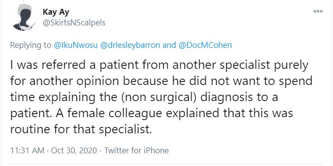 A thread about things male doctors have said to me about the  #GenderPayGap and sexism in medicine."I do not think the FFS system discriminates against female physicians. I believe it discriminates against all physicians who are taking the time to practice medicine properly"