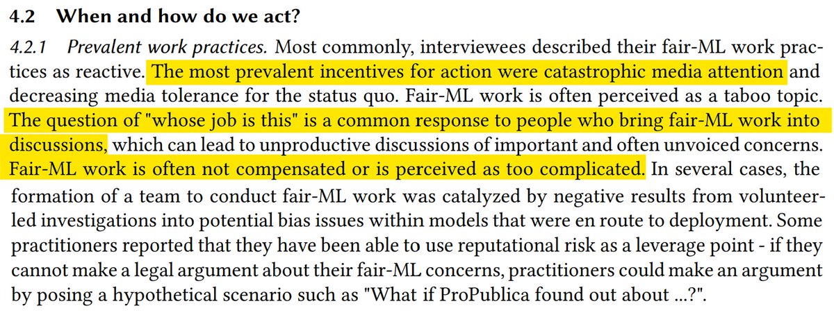 - The most prevalent incentives for action were catastrophic media attention & decreasing media tolerance- Fair-ML work is often perceived as a taboo topic- "Whose job is this" is a common response- Fair-ML work is often not compensated or is perceived as too complicated