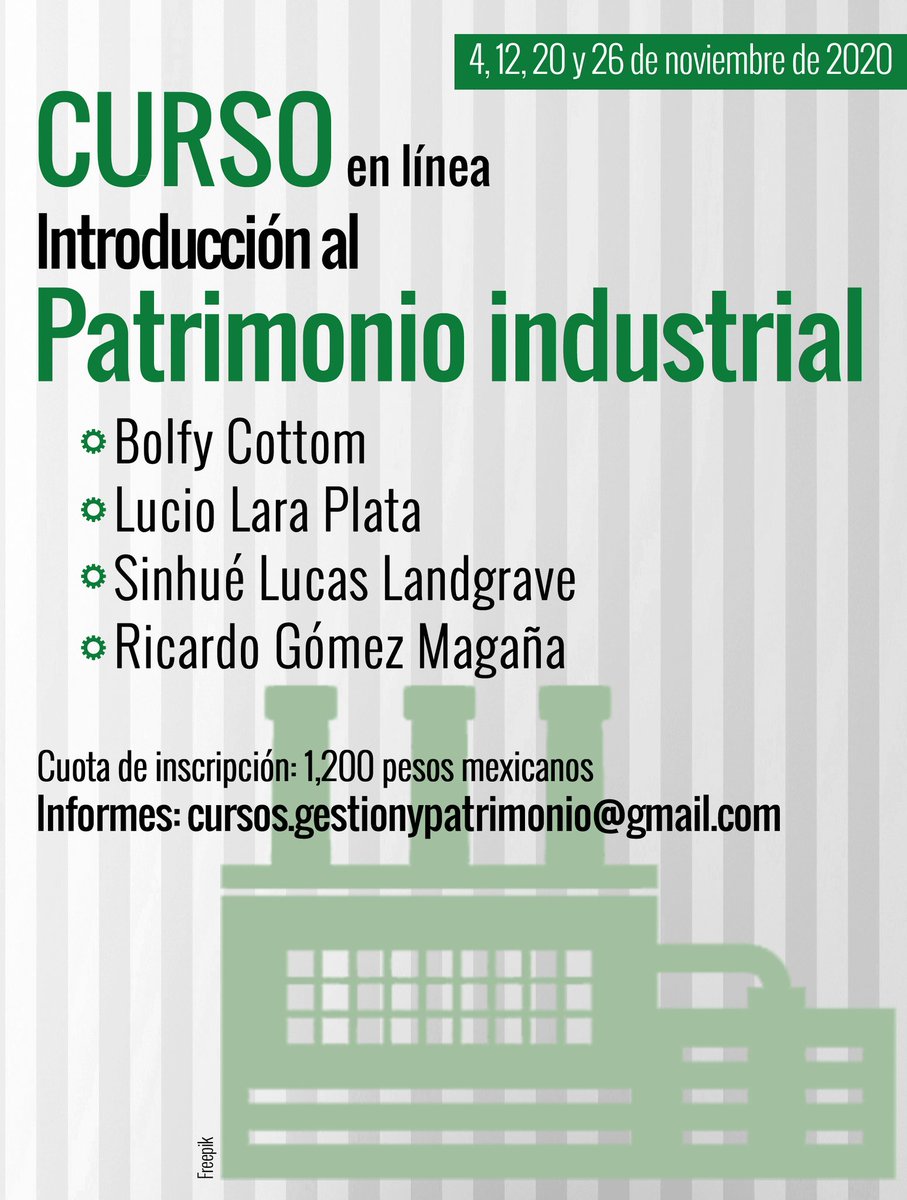 Invitación al Curso en línea: Introducción al patrimonio industrial. 
Informes e inscripciones: cursos.gestionypatrimonio@gmail.com

#patrimoniocultural
#patrimonioculturalinmaterial
#patrimonioindustrial
#capacitacioncultural
#museos
#educacionpatrimonial
#arqueologíaindustrial