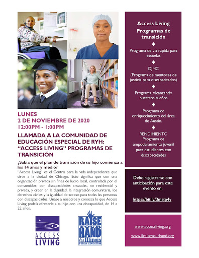 ILRaiseYourHand's tweet photo. .@AccessLiving will give a presentation on their Transition Programs for students with disabilities ages 12-22. Mon, Nov 2, Noon.  You must register in advance for this meeting.  Spanish translation is available. Tell your friends! Register: https://t.co/8C3lUztcvW https://t.co/eZ8fY1avga