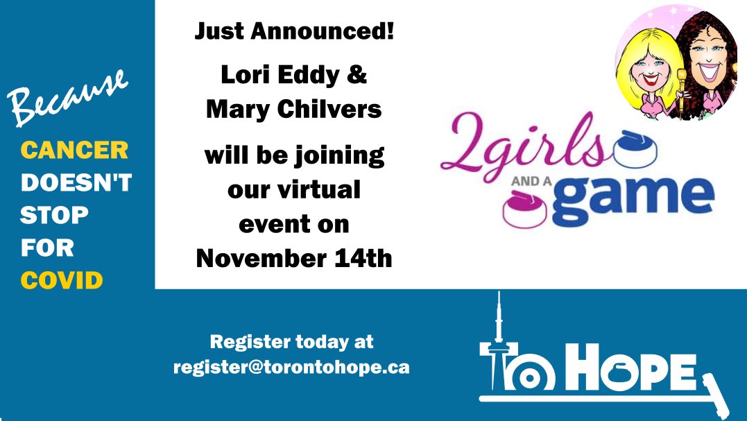 TOhopecurling's tweet photo. Back by popular demand! We’re so excited to have @2girlsandagame join us once again for TO Hope! They will be a part of our virtual event on November 14.
#tohope2020 #torontohopecurling #fundraisingevent #charityevent #charityfundraiser #wethehope #torontocurling #curling https://t.co/P5ymNNLjak