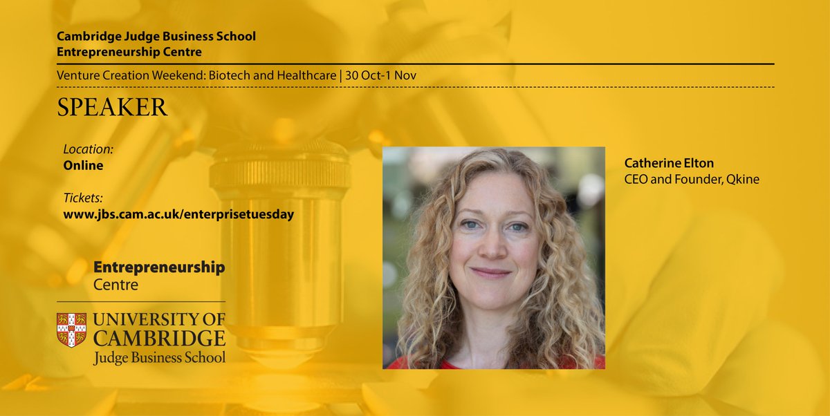 CJBS_EC's tweet photo. We are delighted to introduce Catherine Elton, CEO 
@QkineBio at our Virtual Venture Creation Weekend tonight. 

#biotech #healthcare #CamVCW #inspirationalspeaker

Find out more about the weekend: https://t.co/0A6xKre8xJ https://t.co/krqoNv1TlL