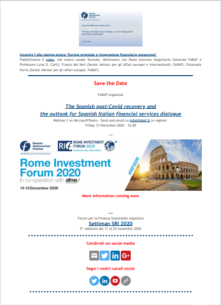 FeBAF's tweet photo. #Letteraf 39/2020
In questo numero
1 EuroMed: #FeBAF, sostenere sviluppo per il post Covid
2 #CMU e #Covid: dati @AFME_EU
3 Piazze finanziarie EU: premere l’acceleratore su CMU #EUFCR
4 BCE e SRB in ECON
5 Il #risparmio c’è: deve diventare investimento
https://t.co/rrkLGsHYPb https://t.co/QhhC6nLfYn