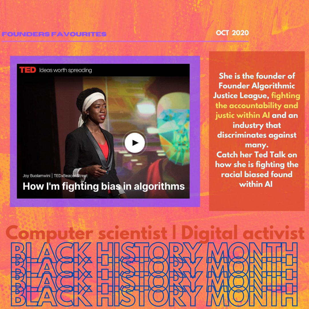 We’re giving Joy Buolamwini a shout out for Black History Month, she’s an inspirational Ghanaian-American computer scientist 👩🏾‍💻💫

#DecolonisedNetworking #BlackHistoryMonth #BHM2020 #JoyBuolamwini