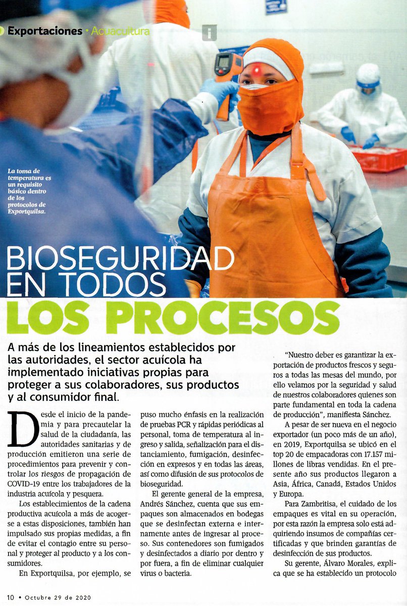 exportquilsa_ec's tweet photo. El 29 de Octubre salió en circulación el especial de acuacultura de la revista Vistazo "Enfoque" el cual Exportquilsa dio una entrevista acerca de los protocolos de bioseguridad implementados en la compañía. Les compartimos la entrevista realizada. https://t.co/MWpjAMA50n
