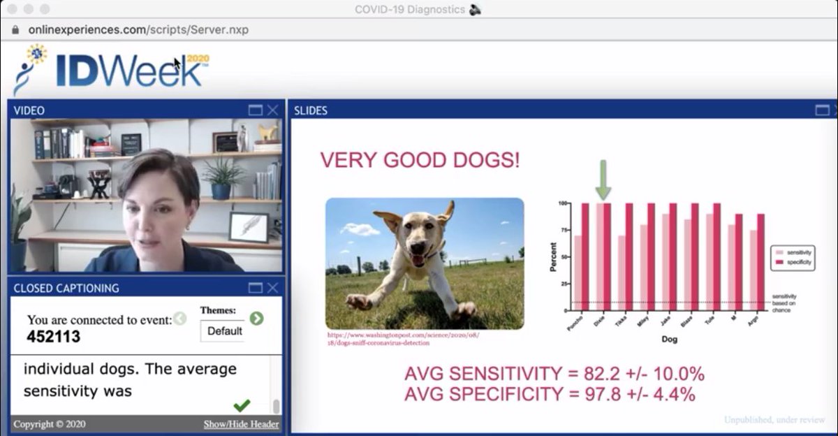 In fact, researchers in the United States are looking at the potential for using dogs to screen for COVID-19.Audrey R. Odom John from  @ChildrensPhila presented results on a preliminary study last week during  @IDWeek2020  https://fb.watch/1s3XxsPG24/ 